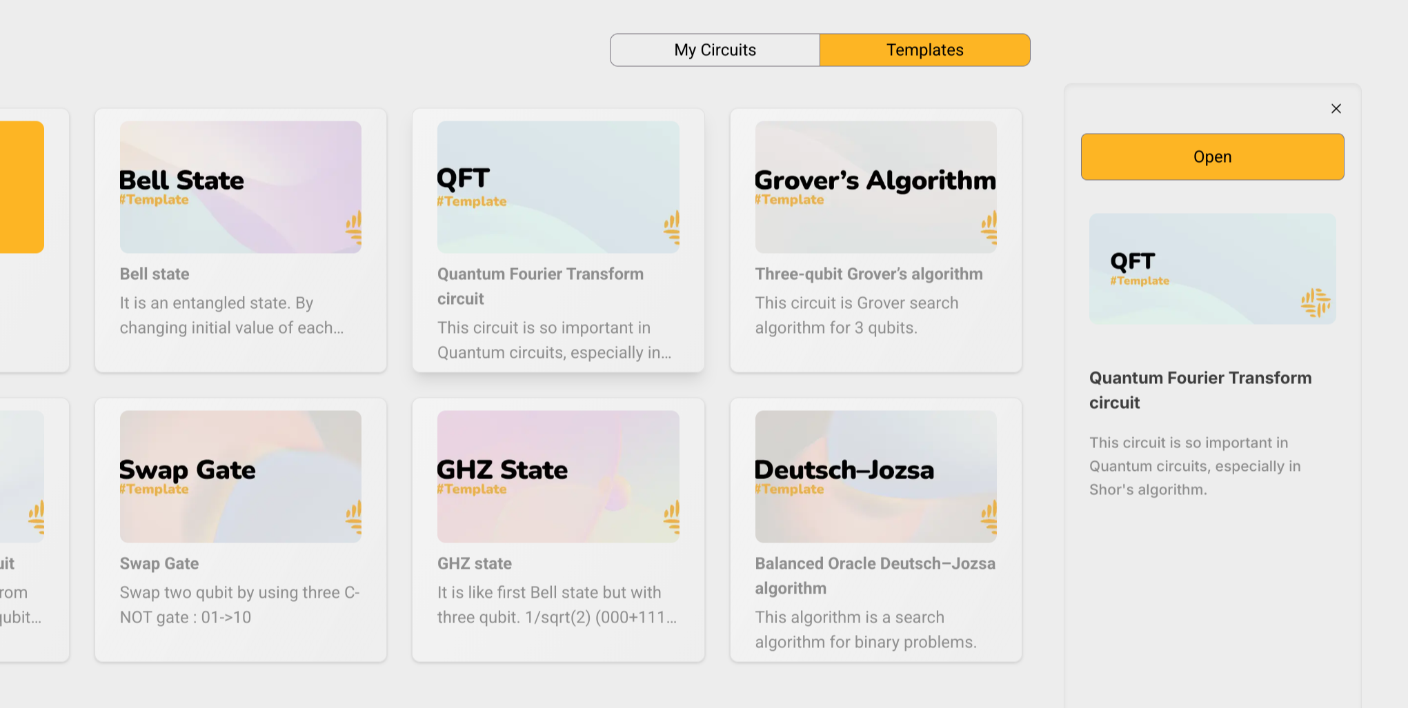 Template circuits list view
